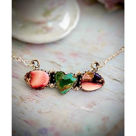 Sonoran Gold Turquoise & Rose Dahlia Heart Necklace 16-18” - Picture 4 of 8